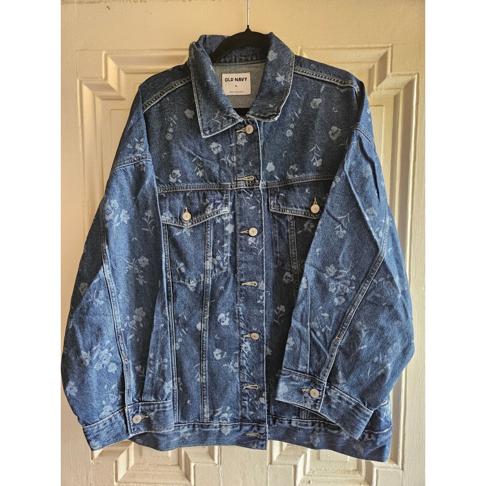 Old Navy Womens XL Floral Laser Etched Denim Jacket Blue Cotton Trucker Coat